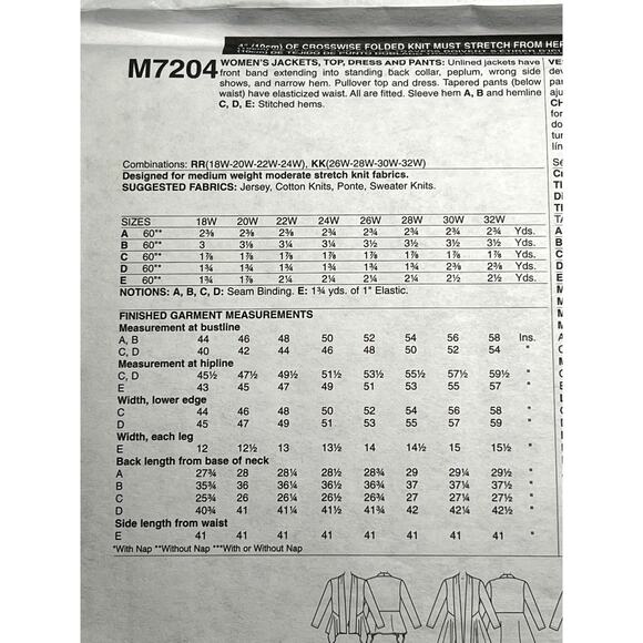 McCalls 7204 Sewing patternjacket top dress psnts size 18w 20w 22w 24w - Picture 3 of 6
